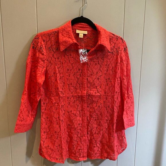 NWT appleseed’s barbie coral  pink  button up blouse size S - Picture 1 of 11